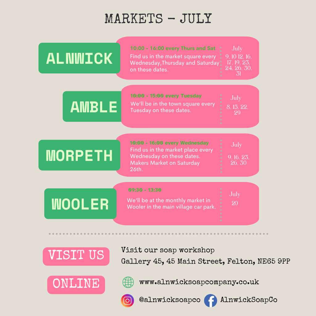 Where to find Alnwick Soap Co at July Markets